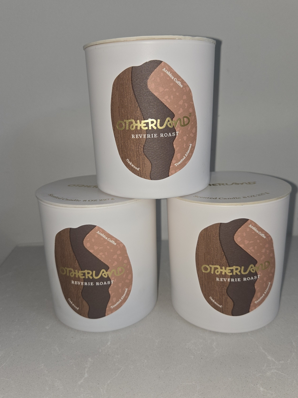 Three (3) Otherland 8 oz Scented Candles Reverie Roast Coffee Oak Toasted Almond